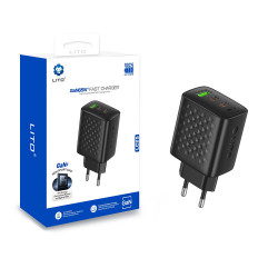Lito Wall Charger (LC25) 2x Type C, USB Output, PD65W, GaN, PC Fireproof, EU Plug Black