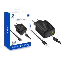 Lito Wall Charger (LC24T) with Type C Cable Included, Type C, USB Output, PD65W, GaN, PC Fireproof, EU Plug Black