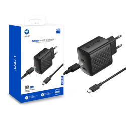 Lito Wall Charger (LC22T) with Type C Cable Included, 2x Type C Output, PD45W, GaN, PC Fireproof, EU Plug Black