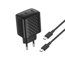 Lito Wall Charger (LC22T) with Type C Cable Included, 2x Type C Output, PD45W, GaN, PC Fireproof, EU Plug Black Lito Wall Charger (LC22T) with Type C Cable Included, 2x Type C Output, PD45W, GaN, PC Fireproof, EU Plug Black