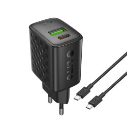 Lito Wall Charger (LC19T) with Type C Cable Included, Type C, USB Output, PD30W, GaN, PC Fireproof, EU Plug Black