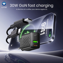 Lito Wall Charger (LC19T) with Type C Cable Included, Type C, USB Output, PD30W, GaN, PC Fireproof, EU Plug Black