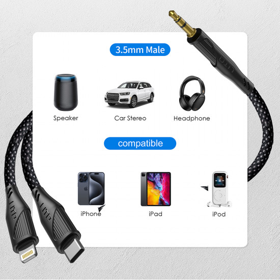 Lito Audio Cable Adapter (LA02) Jack to Jack 3.5mm, Zero Signal Loss, Nylon braided, 1m Black
