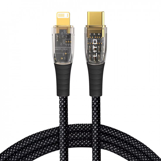Lito Data Cable Transparent (LD01) Type C to Lightning, Fast Charging 27W, Braided, Gold Plated Interface, 1.2m Black