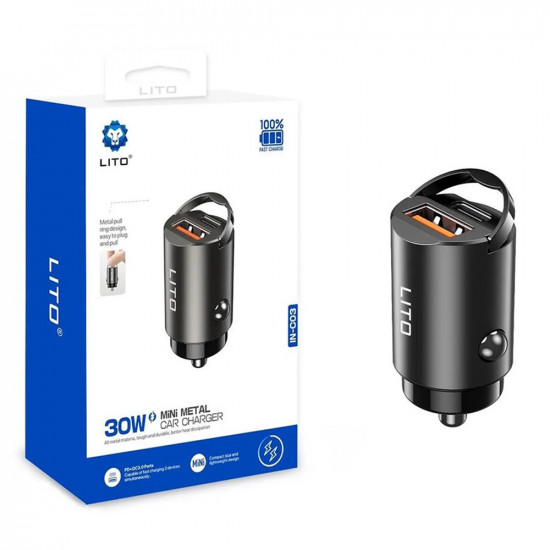 Lito Car Charger (IN C03) 1x USB, 1x Type C, 60W, Fast Charging, Ultra Mini & Sleek Design, Universal Black