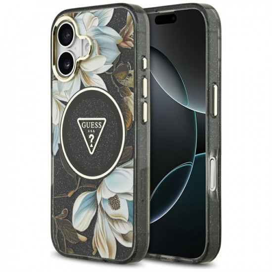 Guess IML Metal Glitter Flowers Triangle MagSafe (GUHMP17SHFLPEDK) iPhone 17 Black