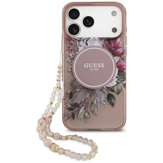 Guess IML Flowers with Pearl Strap MagSafe (GUHMP17XHFWBRCESP) iPhone 17 Pro Max Pink