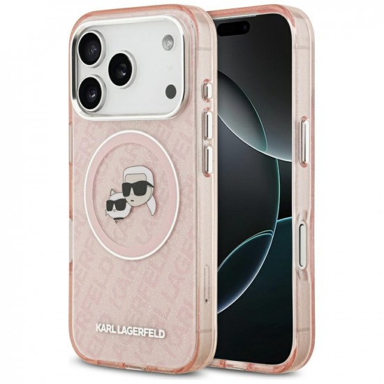 Karl Lagerfeld IML Glitter Karl &amp; Choupette Heads Logo MagSafe Case for iPhone 17 Pro Pink