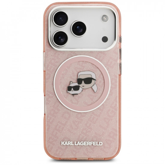 Karl Lagerfeld IML Glitter Karl &amp; Choupette Heads Logo MagSafe Case for iPhone 17 Pro Pink