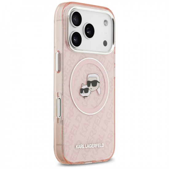 Karl Lagerfeld IML Glitter Karl &amp; Choupette Heads Logo MagSafe Case for iPhone 17 Pro Pink