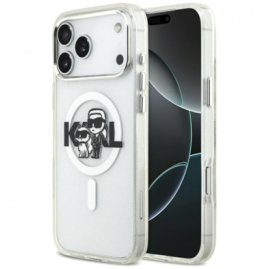 Karl Lagerfeld IML Glitter Karl &amp; Choupette Sketch Logo MagSafe Case for iPhone 17 Pro Max Clear