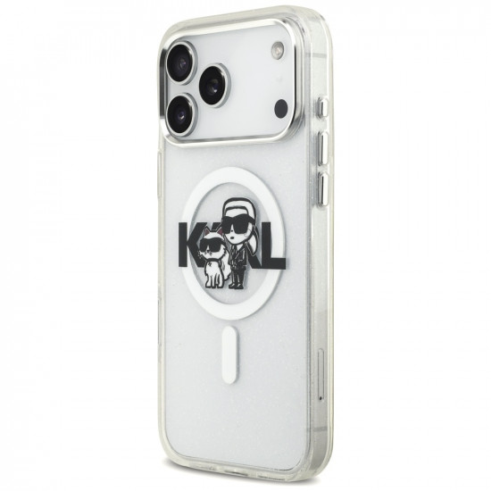 Karl Lagerfeld IML Glitter Karl &amp; Choupette Sketch Logo MagSafe Case for iPhone 17 Pro Max Clear