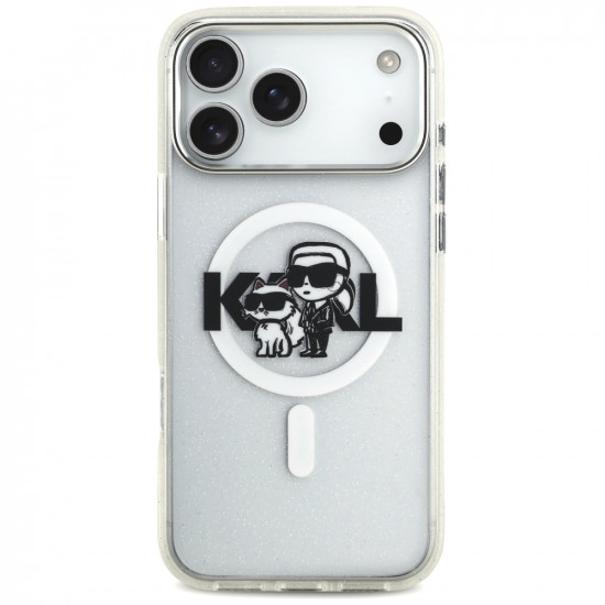 Karl Lagerfeld IML Glitter Karl &amp; Choupette Sketch Logo MagSafe Case for iPhone 17 Pro Max Clear