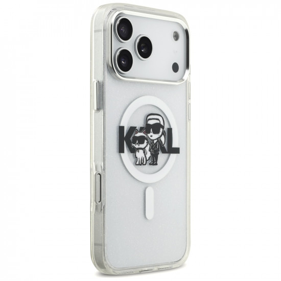 Karl Lagerfeld IML Glitter Karl &amp; Choupette Sketch Logo MagSafe Case for iPhone 17 Pro Max Clear