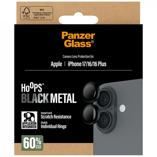 PanzerGlass Hoops Tempered Glass Lens Screen Protector for iPhone 17 / 16 / 16 Plus Black