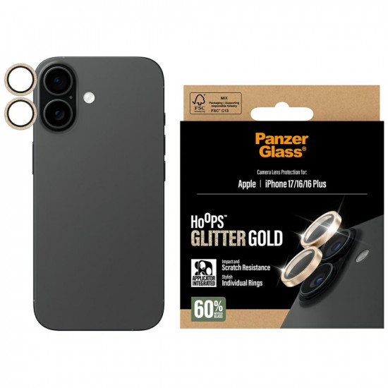 Tempered glass lens protector PanzerGlass Hoops Glitter for iPhone 17 / 16 / 16 Plus gold