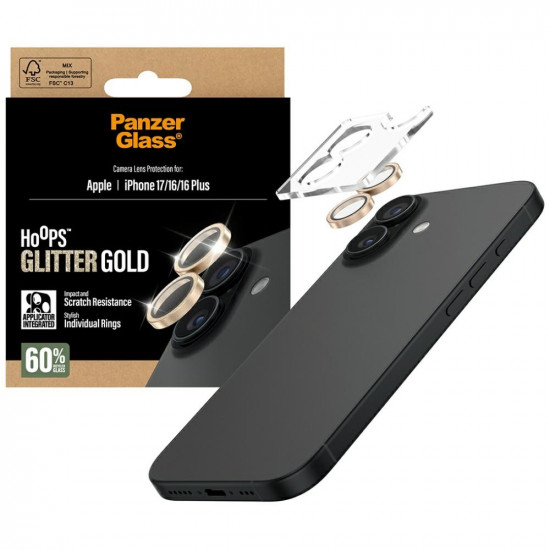 Tempered glass lens protector PanzerGlass Hoops Glitter for iPhone 17 / 16 / 16 Plus gold