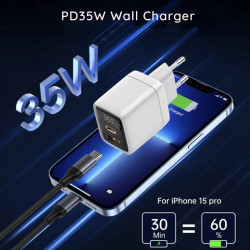 Techsuit Wall Charger LEDChargX (CH3) Type C, USB, GaN Technology, Fast Charge, LED Display, PD35W White Techsuit Wall Charger LEDChargX (CH3) Type C, USB, GaN Technology, Fast Charge, LED Display, PD35W White