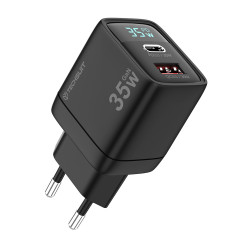 Techsuit Wall Charger LEDChargX (CH3) Type C, USB, GaN Technology, Fast Charge, LED Display, PD35W Black Techsuit Wall Charger LEDChargX (CH3) Type C, USB, GaN Technology, Fast Charge, LED Display, PD35W Black