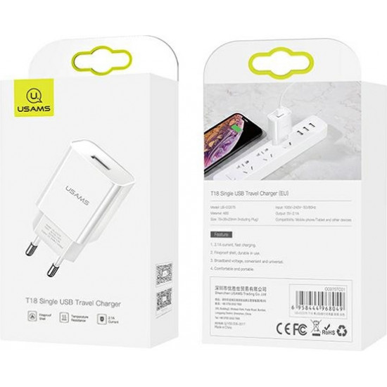 USAMS Wall Charger 1xUSB T18 2,1A white Fast Charging CC075TC01