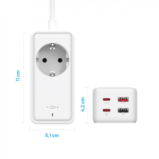 Fixed Extension Cord (FIXCS65 3 WH) GaN III, Schuko, 2x Type C, 2x USB, PD 65W, 3m White Fixed Extension Cord (FIXCS65 3 WH) GaN III, Schuko, 2x Type C, 2x USB, PD 65W, 3m White