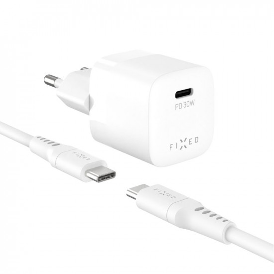 Fixed Wall Charger Mini (FIXCG30M CC WH) GaN, Type C, PD 3.0, 30W, Compact Design, with Type C Cable, 1m White Fixed Wall Charger Mini (FIXCG30M CC WH) GaN, Type C, PD 3.0, 30W, Compact Design, with Type C Cable, 1m White