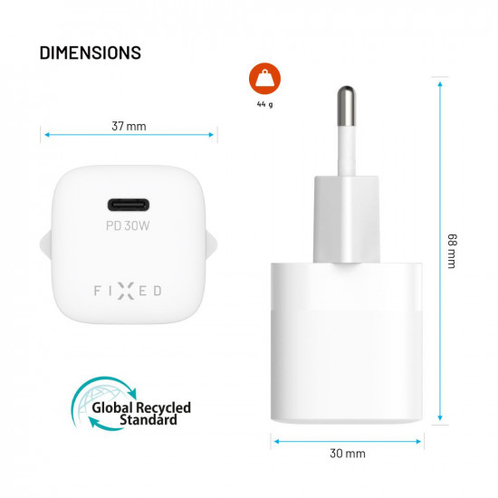 Fixed Wall Charger Mini (FIXCG30M CC WH) GaN, Type C, PD 3.0, 30W, Compact Design, with Type C Cable, 1m White Fixed Wall Charger Mini (FIXCG30M CC WH) GaN, Type C, PD 3.0, 30W, Compact Design, with Type C Cable, 1m White