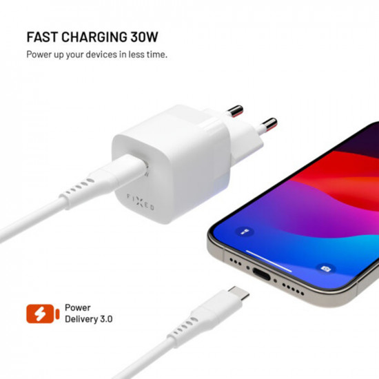 Fixed Wall Charger MIni (FIXCG30M C WH) GaN, Type C, PD 3.0, 30W, Compact Size White Fixed Wall Charger MIni (FIXCG30M C WH) GaN, Type C, PD 3.0, 30W, Compact Size White