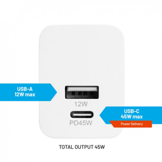 Fixed Wall Charger Mini (FIXC45M CU WH) Fast Charge, USB, Type C, PD 3.0, 45W, Compact Size White