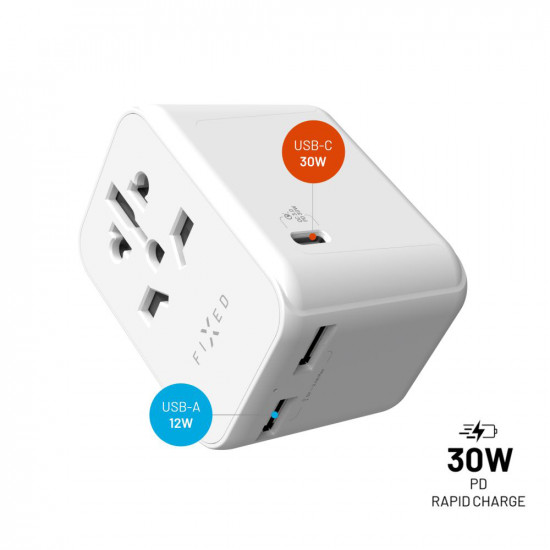 Fixed Travel Adapter Voyager (FIXCT30 1C2A WH) EU, UK, USA/AUS, Type C, 2x USB, GaN, PD 30W, 10A/2500W White