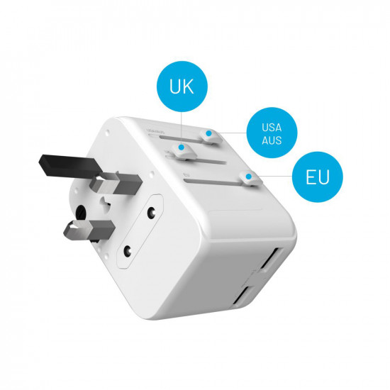 Fixed Travel Adapter Voyager (FIXCT30 1C2A WH) EU, UK, USA/AUS, Type C, 2x USB, GaN, PD 30W, 10A/2500W White