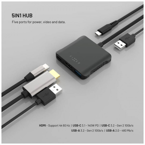 Fixed Hub 5in1 Quadri (FIXHU QR BK) USB C to 2x USB C, 2x USB A, HDMI, PD140W, 4K, 10Gb/s Space Black Fixed Hub 5in1 Quadri (FIXHU QR BK) USB C to 2x USB C, 2x USB A, HDMI, PD140W, 4K, 10Gb/s Space Black