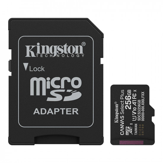 Kingston Memory Card Canvas Select Plus (SDCS3/256GB) MicroSDXC with SD Adapter, 256GB, Class 10, UHS I, U1/U3, A1 Black Kingston Memory Card Canvas Select Plus (SDCS3/256GB) MicroSDXC with SD Adapter, 256GB, Class 10, UHS I, U1/U3, A1 Black