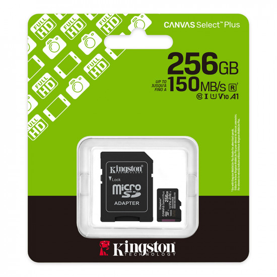 Kingston Memory Card Canvas Select Plus (SDCS3/256GB) MicroSDXC with SD Adapter, 256GB, Class 10, UHS I, U1/U3, A1 Black Kingston Memory Card Canvas Select Plus (SDCS3/256GB) MicroSDXC with SD Adapter, 256GB, Class 10, UHS I, U1/U3, A1 Black