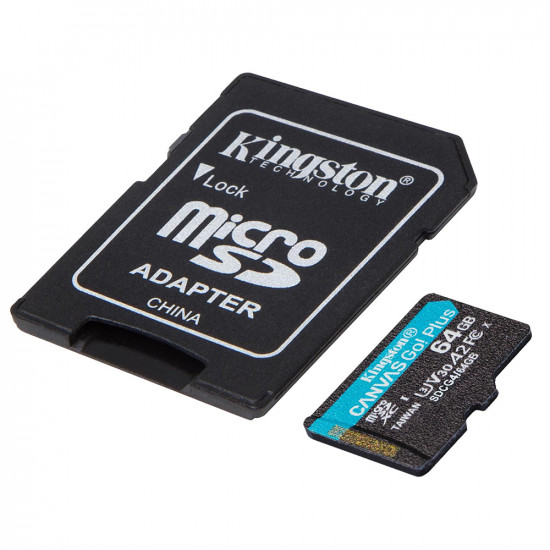 Kingston Memory Card Canvas Go Plus (SDCG4/64GB) MicroSDXC, with Adapter, 64GB, Class 10 / UHS I U3 / V30 / A2 Black Kingston Memory Card Canvas Go Plus (SDCG4/64GB) MicroSDXC, with Adapter, 64GB, Class 10 / UHS I U3 / V30 / A2 Black