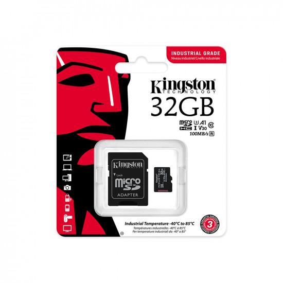 Kingston Memory Card Industrial (SDCIT2/32GB) MicroSDHC with SD Adapter, 32GB, Class 10, UHS I, U3, V30, A1 Black
