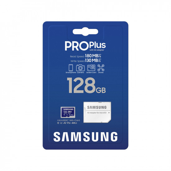 Samsung Memory Card PRO Plus (MB MD128SA/EU) MicroSDXC, Adapter, 128GB, UHS I, U3, V30, A2, 180MB/s, Waterproof White Samsung Memory Card PRO Plus (MB MD128SA/EU) MicroSDXC, Adapter, 128GB, UHS I, U3, V30, A2, 180MB/s, Waterproof White