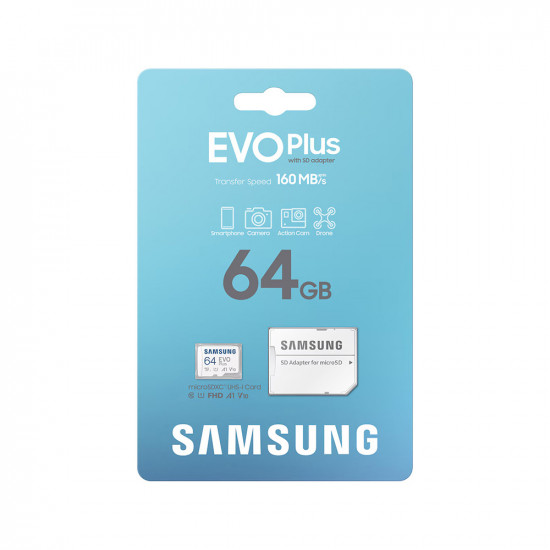 Samsung Memory Card Evo Plus (MB MC64SA/EU) MicroSDXC, 64GB, Class 10, UHS I, U1, V10, A1, 160MB/s, Waterproof White Samsung Memory Card Evo Plus (MB MC64SA/EU) MicroSDXC, 64GB, Class 10, UHS I, U1, V10, A1, 160MB/s, Waterproof White