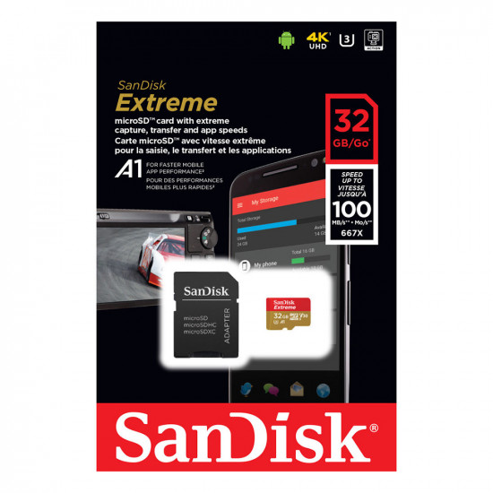 SanDisk Memory Card Extreme (SDSQXAF 032G GN6MA) with Adapter, MicroSDHC, 32GB, Class 10, Read 100MB/s, UHS I U3 Red SanDisk Memory Card Extreme (SDSQXAF 032G GN6MA) with Adapter, MicroSDHC, 32GB, Class 10, Read 100MB/s, UHS I U3 Red