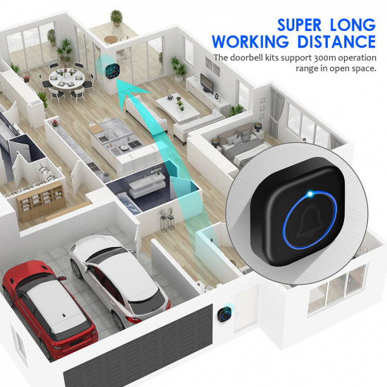 Techsuit Premium Wireless Doorbell Buzzzly (SU1) Waterproof, 38 Unique Tune, 4 Volume Levels, 5 Modes Music/Flash Black