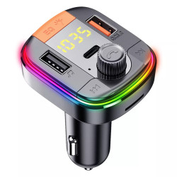 Yesido  Car Charger (Y45)  with FM Transmitter, 2xUSB A, Type C, LED Display, RGB Light, 18W  Black