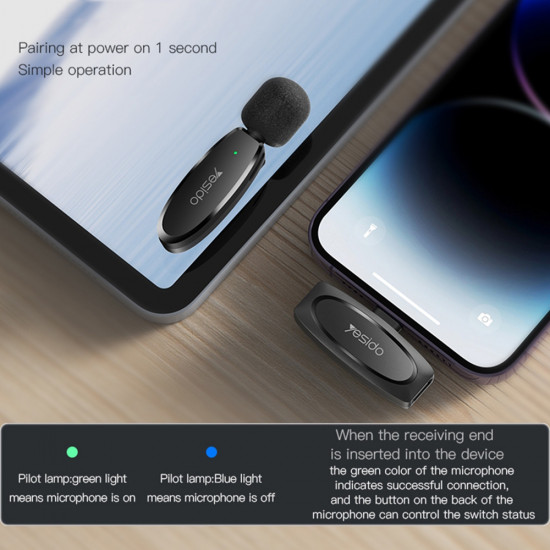 Yesido  (2 pack) Wireless Lavalier Microphones (KR15)  3 in 1 Receiver, TC, Lighting, 3.5mm Jack, 2.4GHz  Black