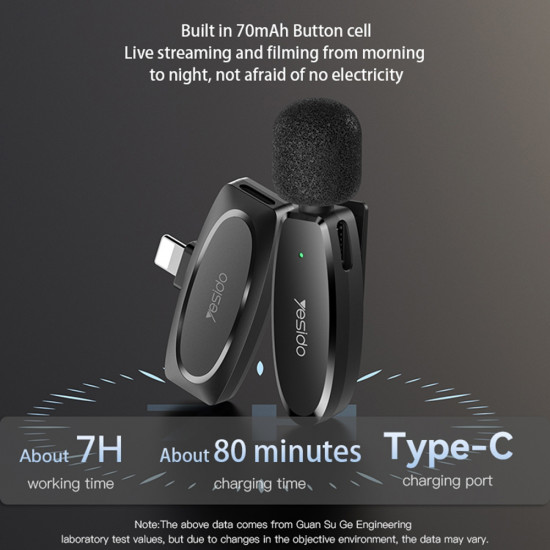 Yesido  (2 pack) Wireless Lavalier Microphones (KR15)  3 in 1 Receiver, TC, Lighting, 3.5mm Jack, 2.4GHz  Black