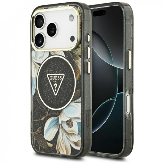 Guess IML Glitter Flowers Triangle MagSafe case for iPhone 17 Pro Max black