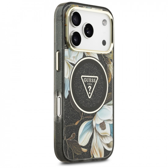 Guess IML Glitter Flowers Triangle MagSafe case for iPhone 17 Pro Max black