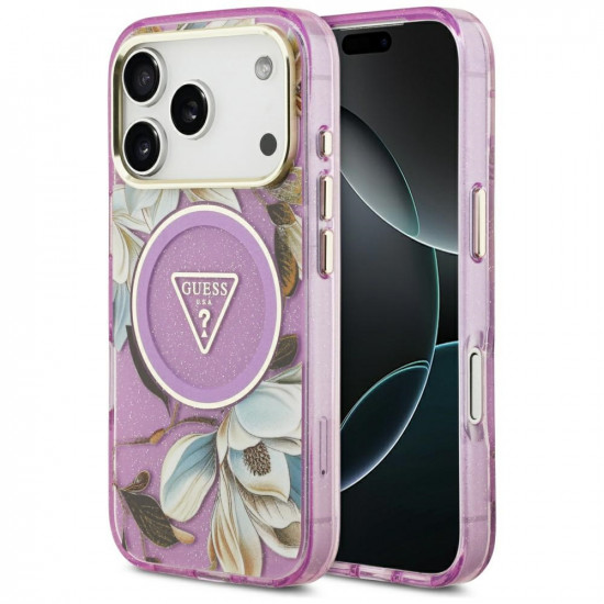 Case Guess IML Glitter Flowers Triangle MagSafe for iPhone 17 Pro Max purple