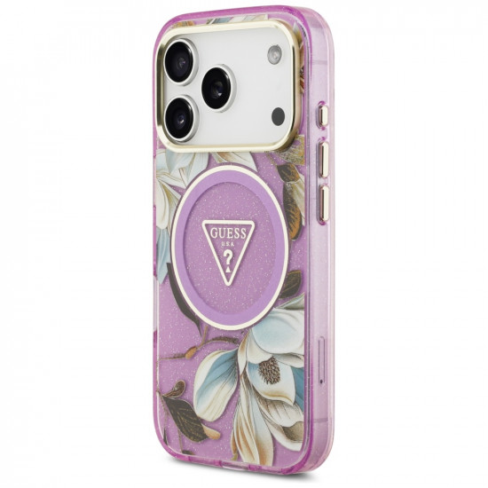 Case Guess IML Glitter Flowers Triangle MagSafe for iPhone 17 Pro Max purple