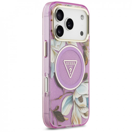 Case Guess IML Glitter Flowers Triangle MagSafe for iPhone 17 Pro Max purple