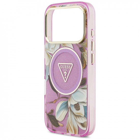 Case Guess IML Glitter Flowers Triangle MagSafe for iPhone 17 Pro Max purple
