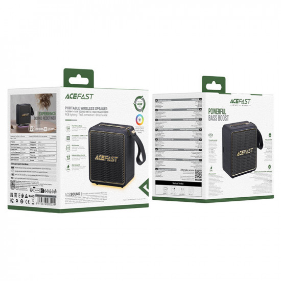 Acefast Wireless Speaker Nano (K3) Bluetooth 5.4, RGB Lights, Handsfree Calls, USB, TF, AUX, IPX6, USB C, 2600mAh Black